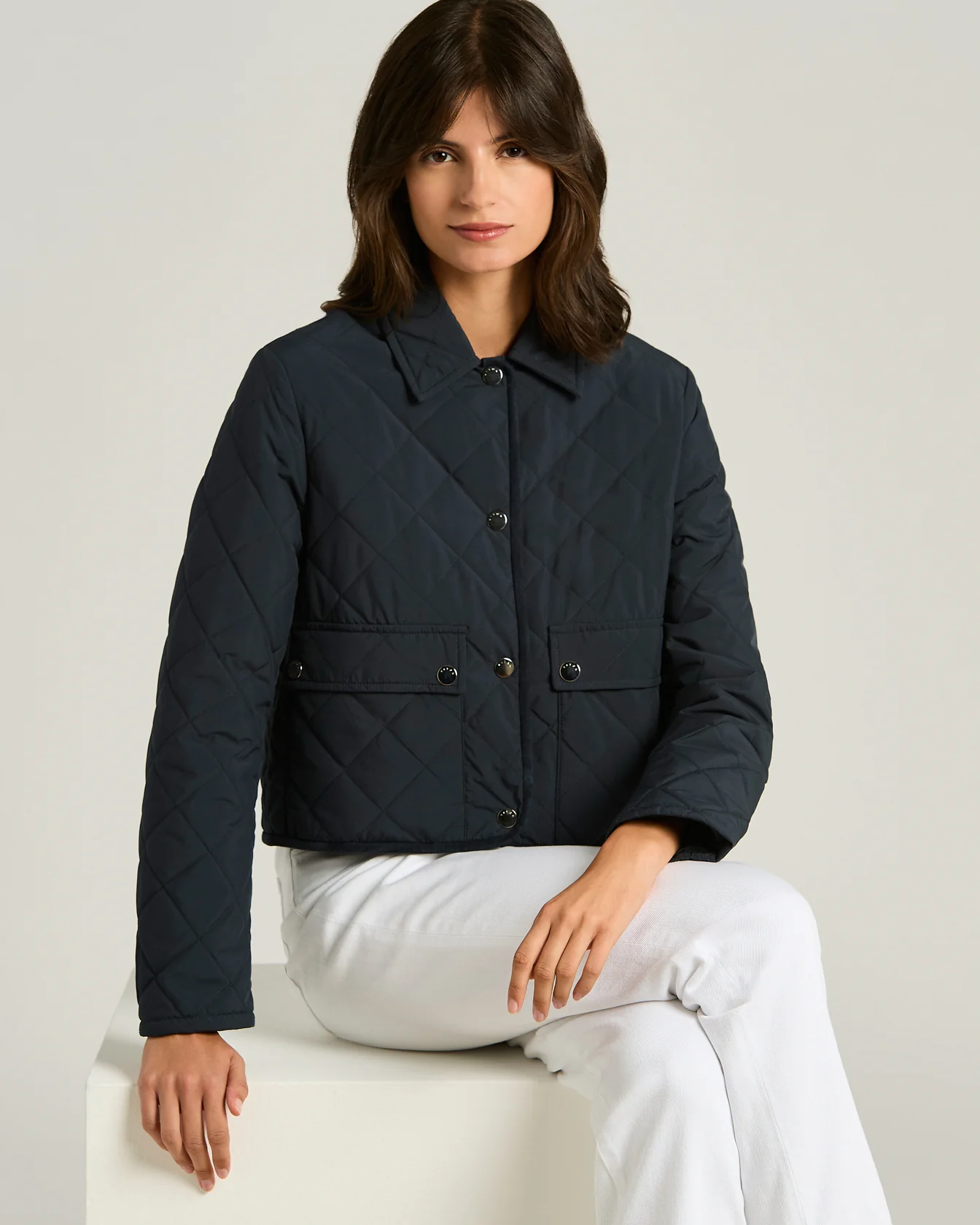 QUILTED BLUE JACKET WITH SIMPLE DESIGN WITH CALFSKIN DETAILS - Image 4