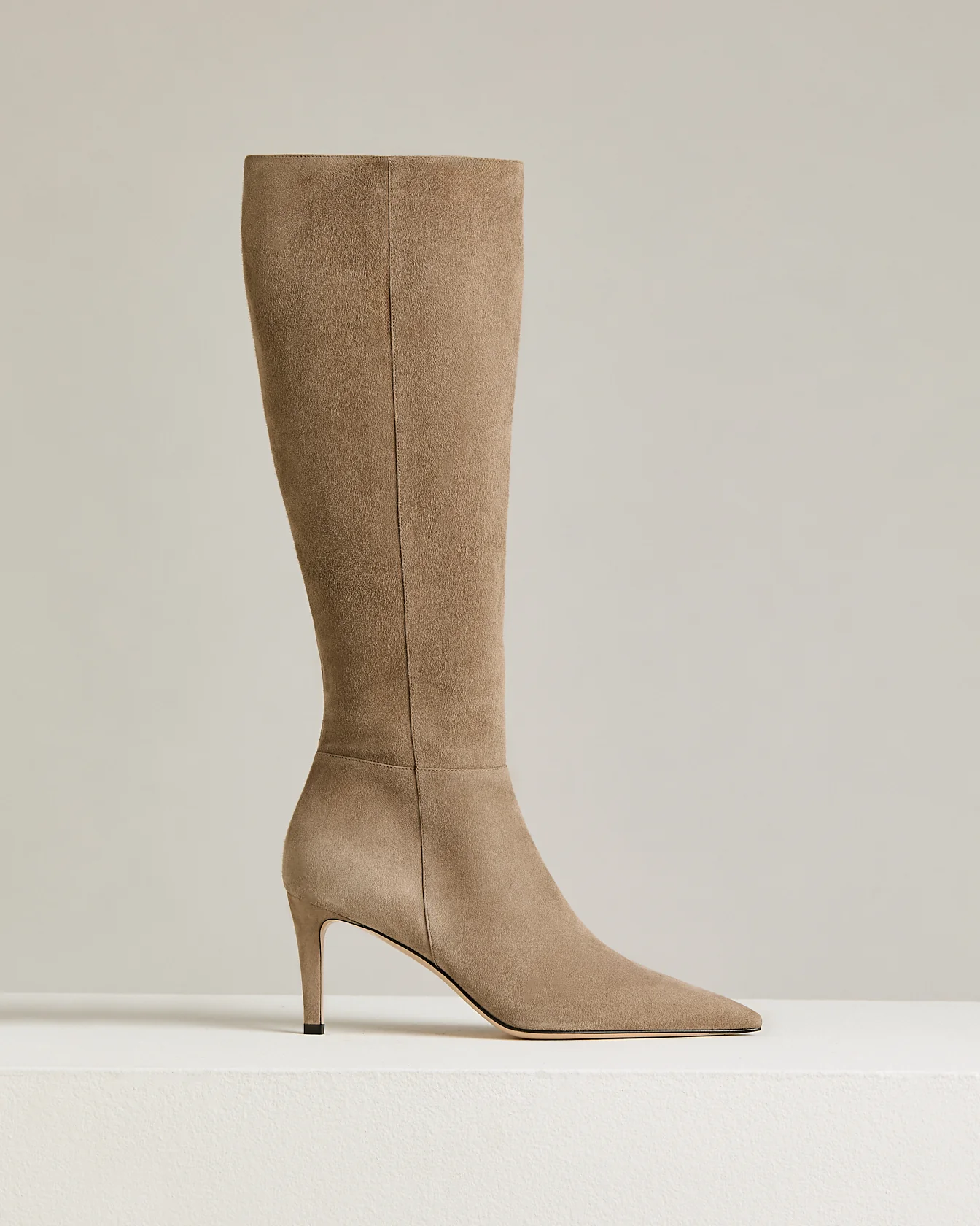 BEIGE KID SUEDE BOOTS WITH STILETTO HEEL