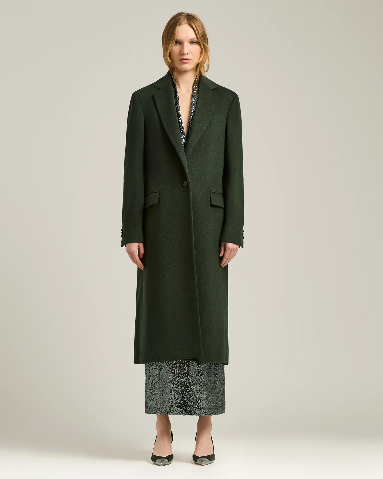 LONG SINGLE-BREASTED COAT IN PURE CASHMERE DARK GREEN - Image 2