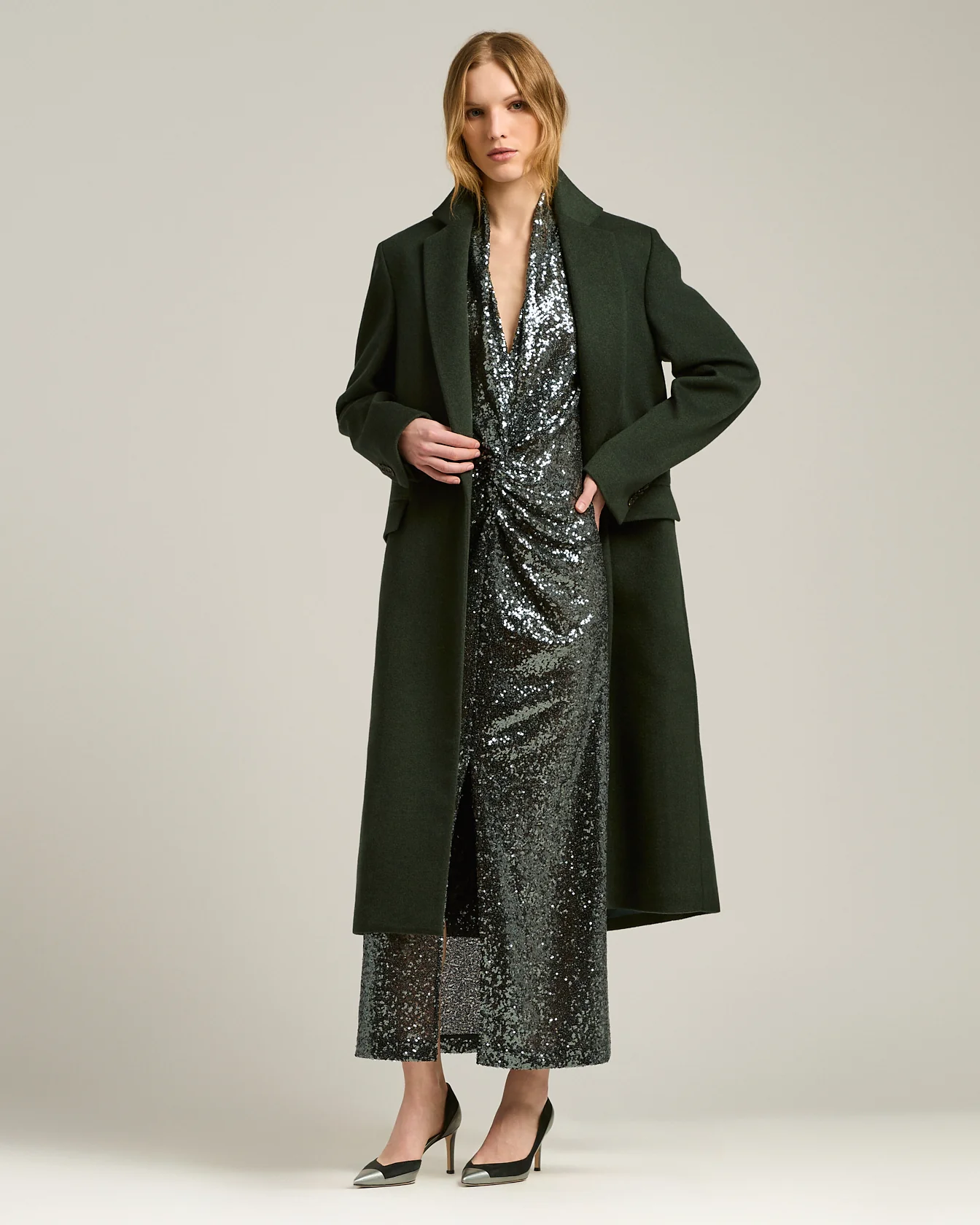 LONG SINGLE-BREASTED COAT IN PURE CASHMERE DARK GREEN - Image 5