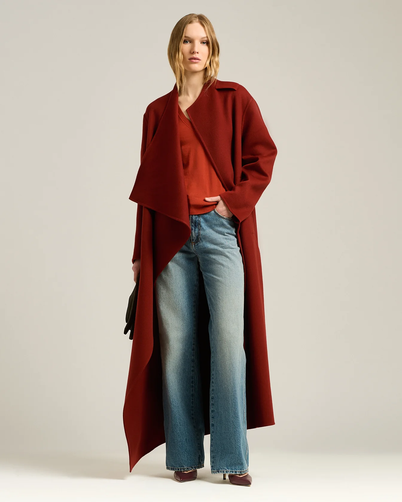 RUST LONG PURE CASHMERE COAT WITH SARTORIAL KNOT - Image 5