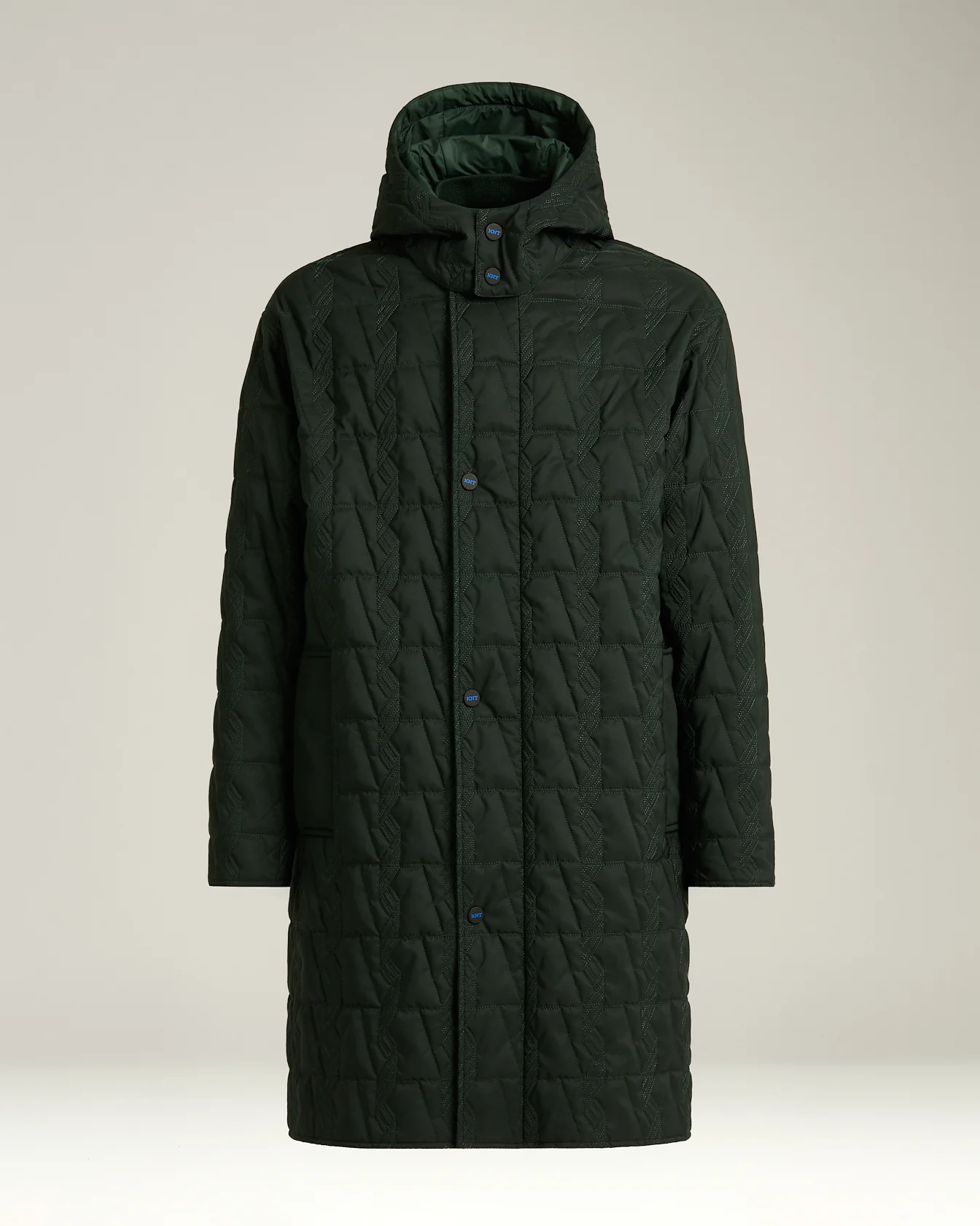 QUILTED TECHNICAL OVERCOAT WITH HOOD DARK GREEN