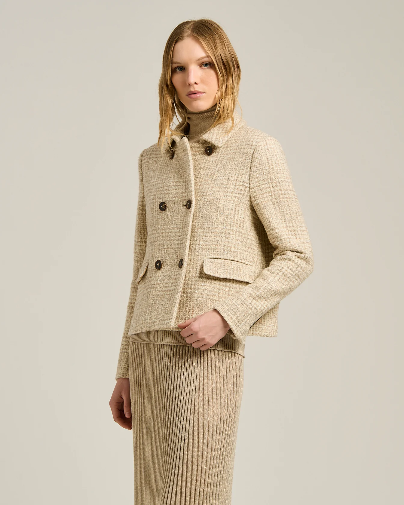 BEIGE DOUBLE-BREASTED WOOL AND ALPACA-BLEND PEA COAT - Image 2