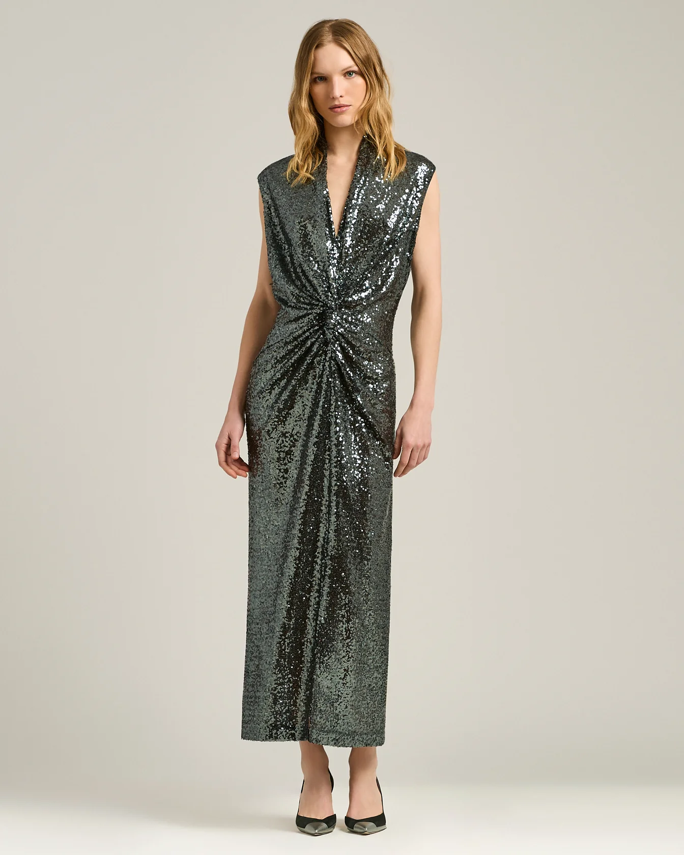 GRAY DRAPED MIDI DRESS WITH SEQUINS - Image 5