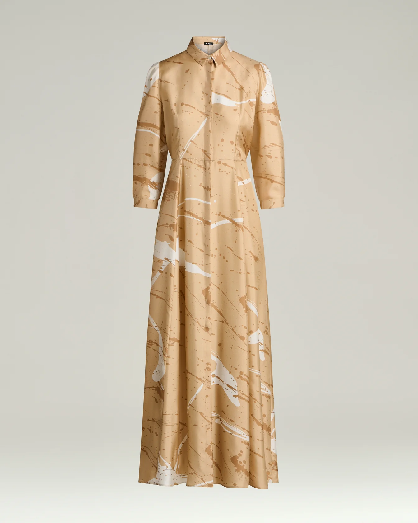 LONG PRINTED PURE SILK DRESS CAMEL