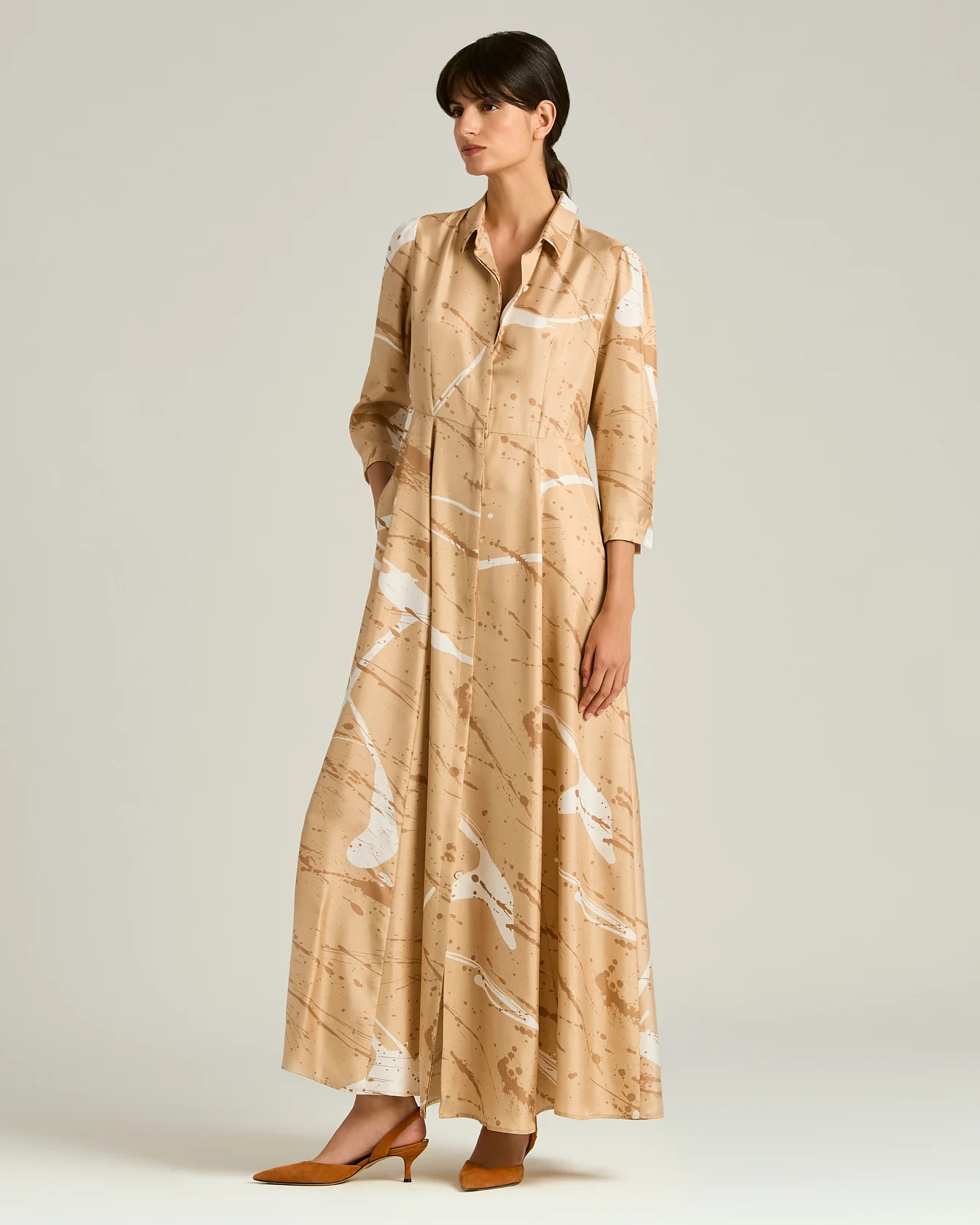 LONG PRINTED PURE SILK DRESS CAMEL - Image 2