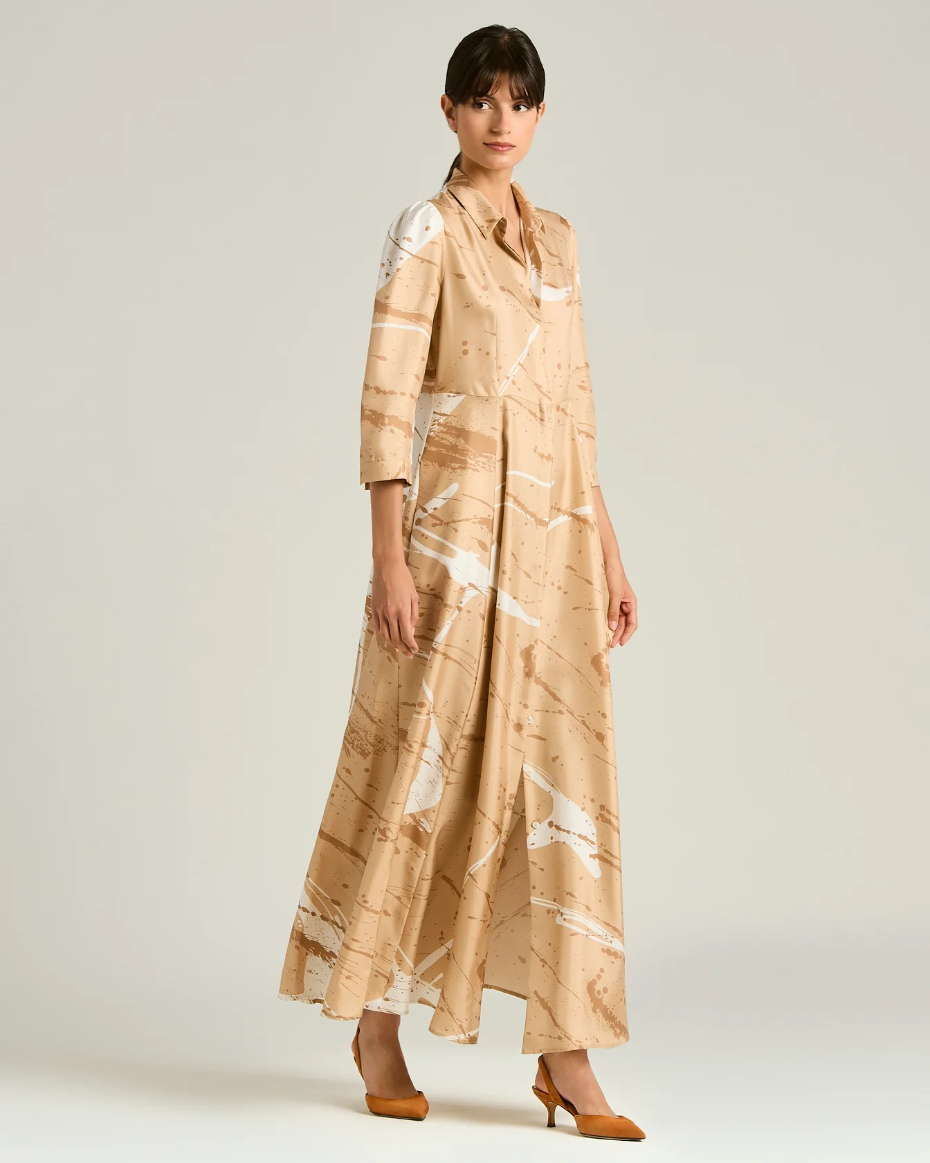 LONG PRINTED PURE SILK DRESS CAMEL - Image 5
