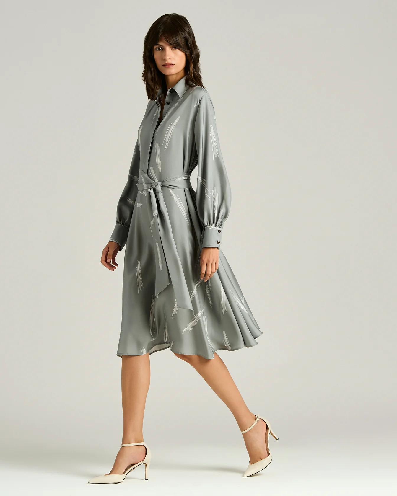 SILK SATIN GREY DRESS WITH BELT - Image 5