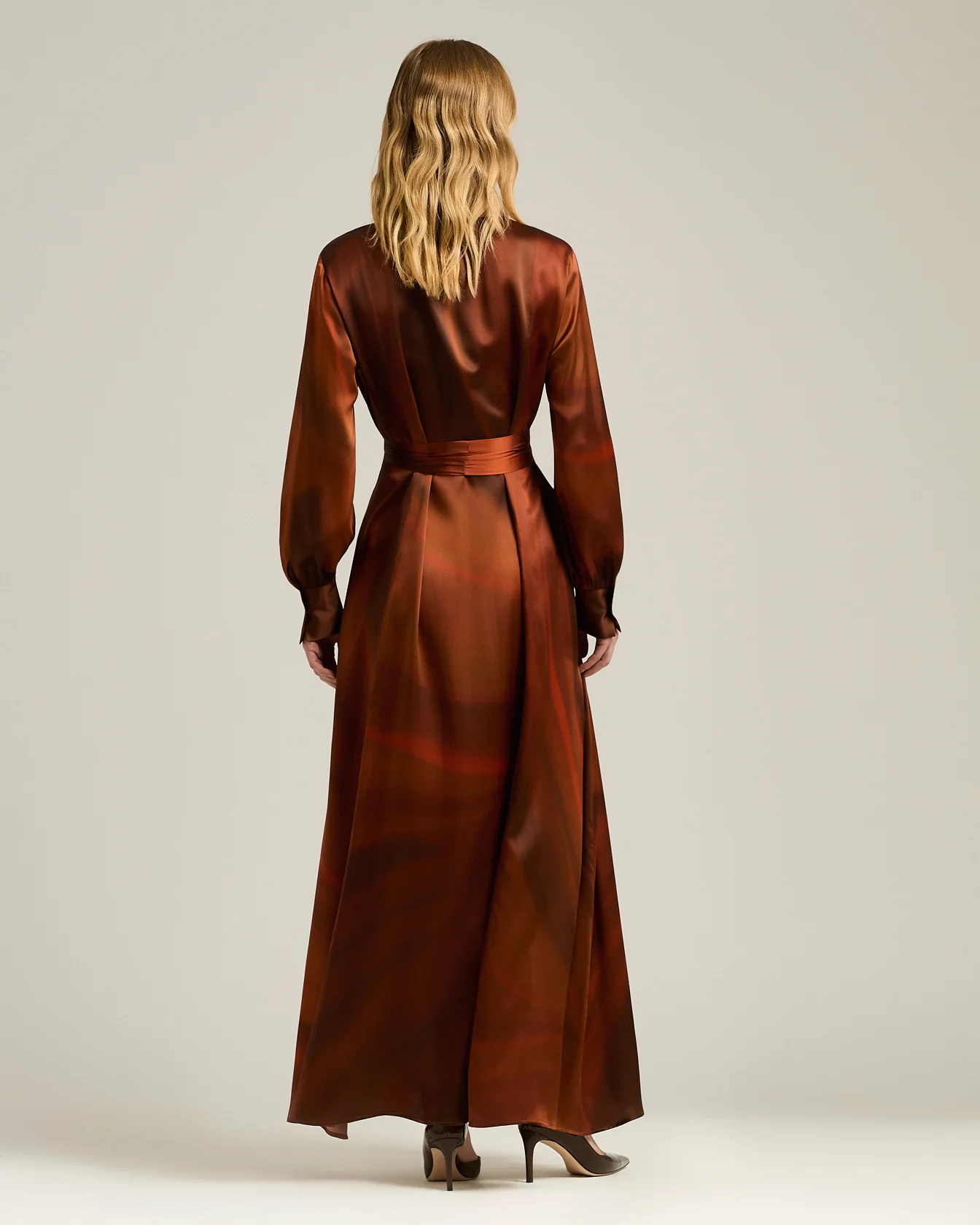 BROWN AND RUST PRINTED LONG SILK SHIRT DRESS - Image 3
