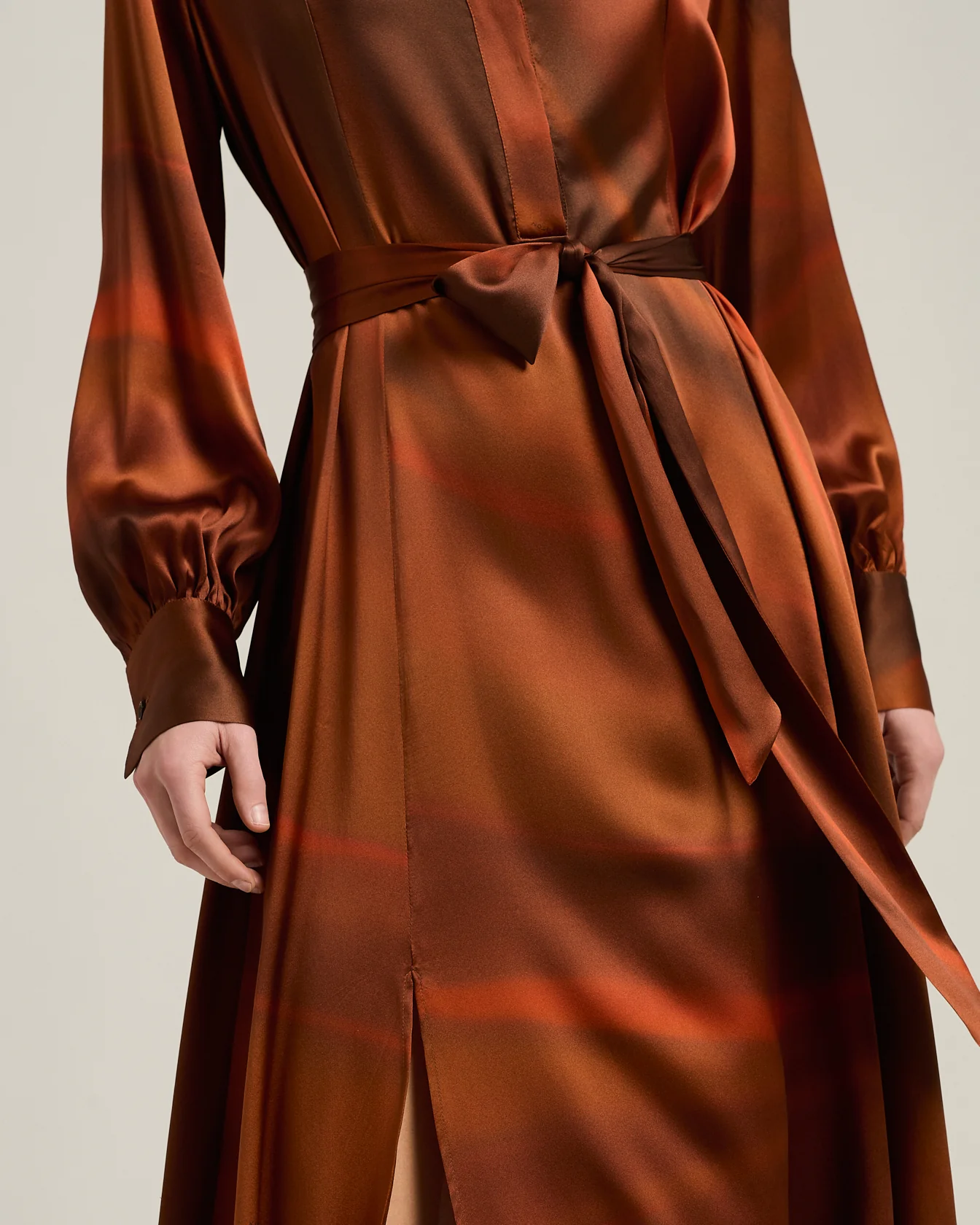 BROWN AND RUST PRINTED LONG SILK SHIRT DRESS - Image 4