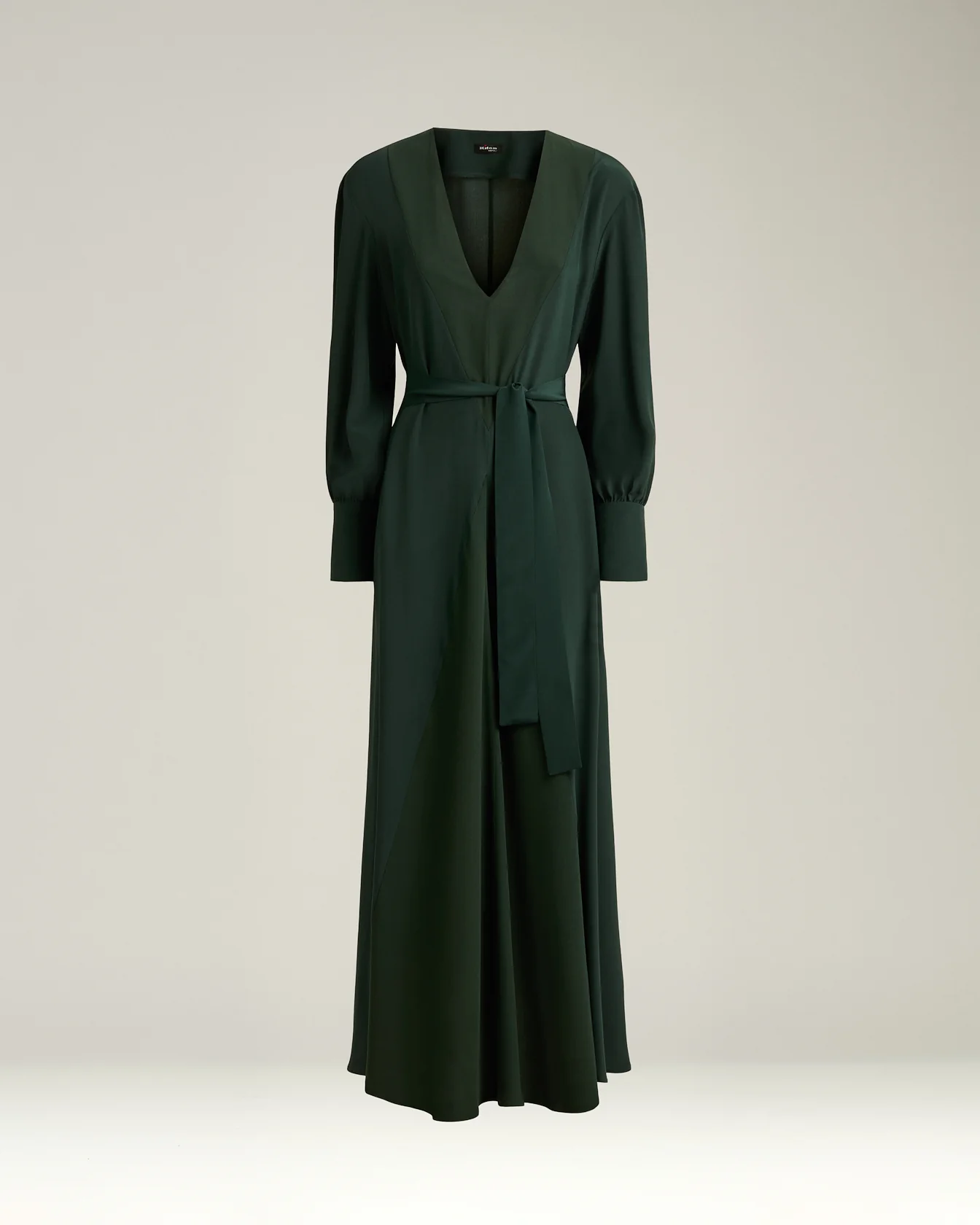 LONG, BELTED DRESS IN PURE SILK DARK GREEN