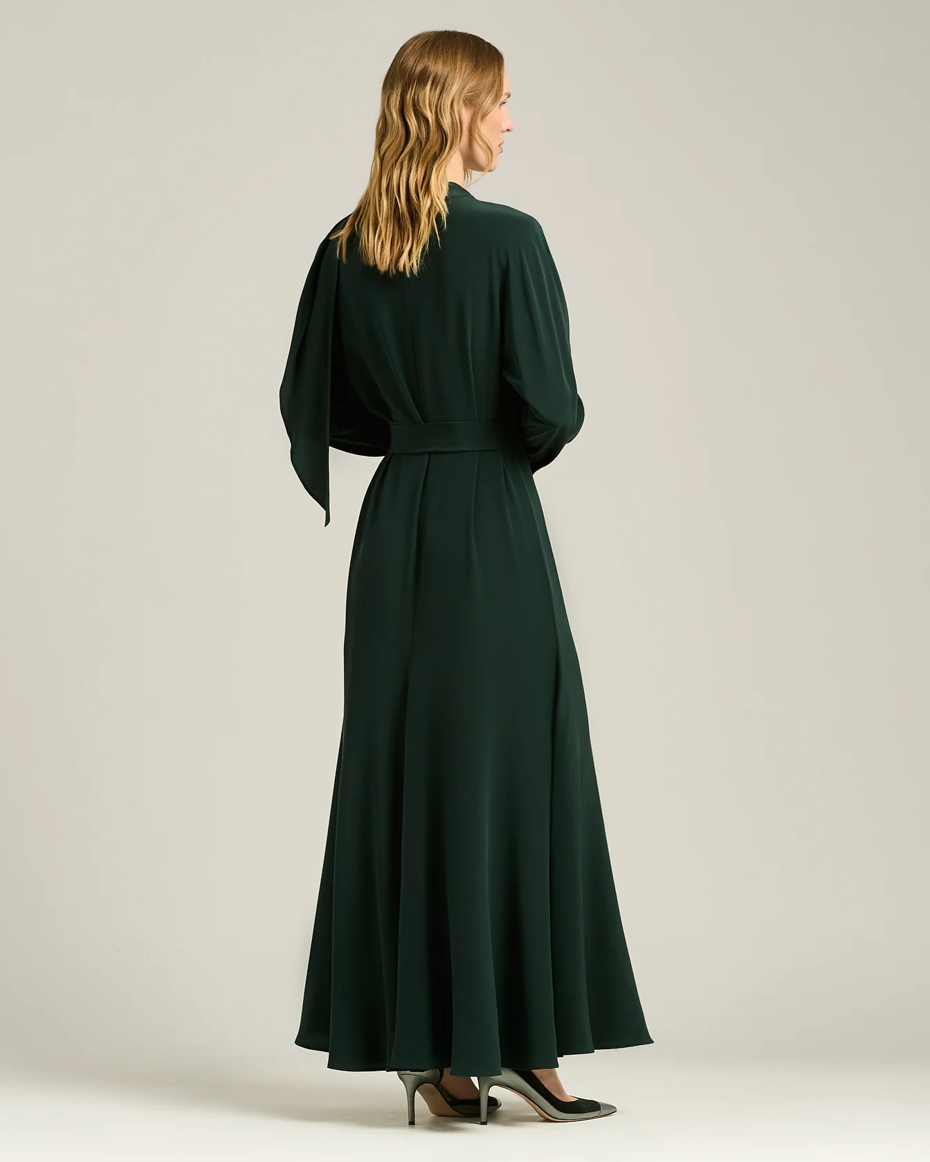 PINE GREEN LONG SILK DRESS WITH DRAPED NECKLINE - Image 3