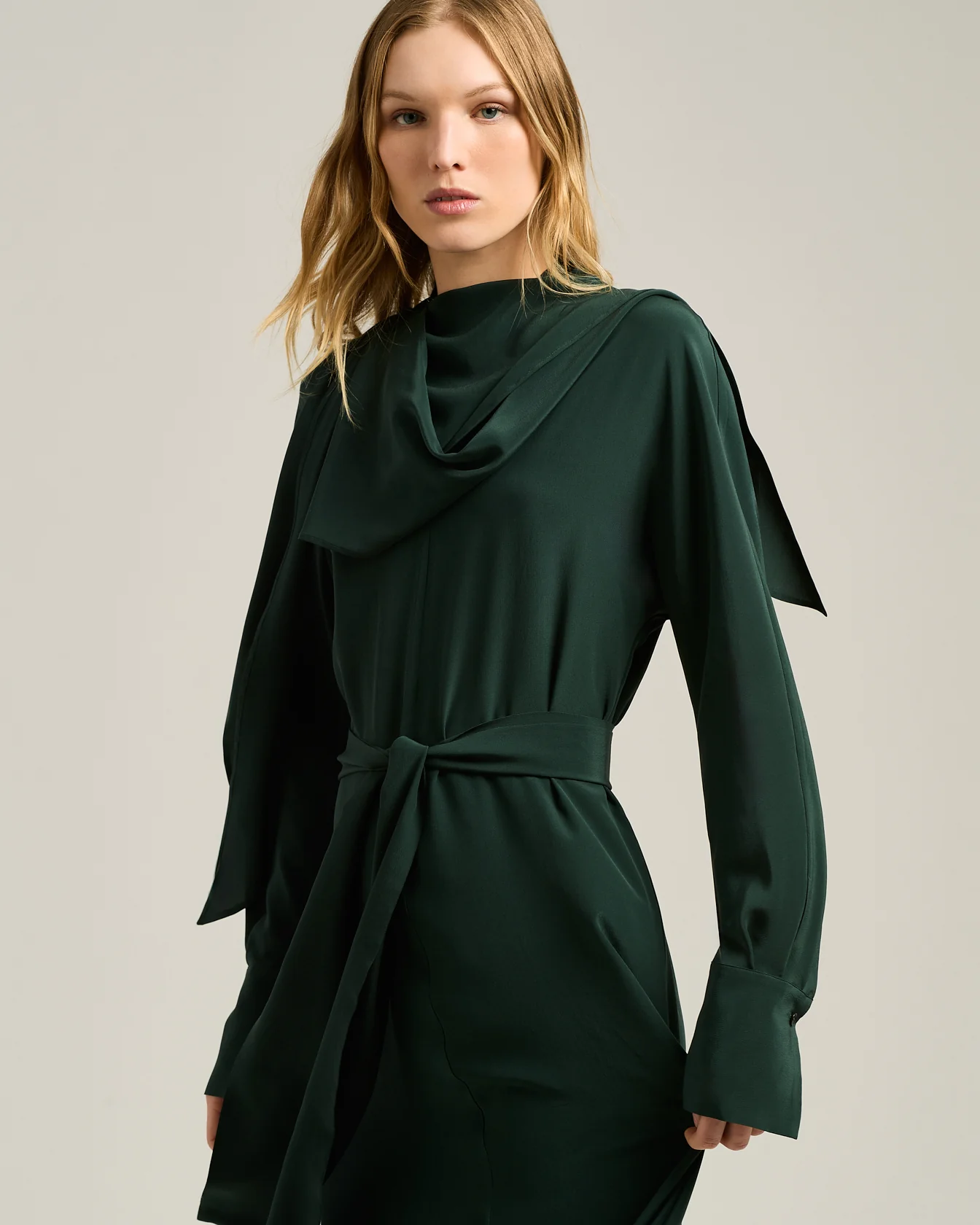 PINE GREEN LONG SILK DRESS WITH DRAPED NECKLINE - Image 4