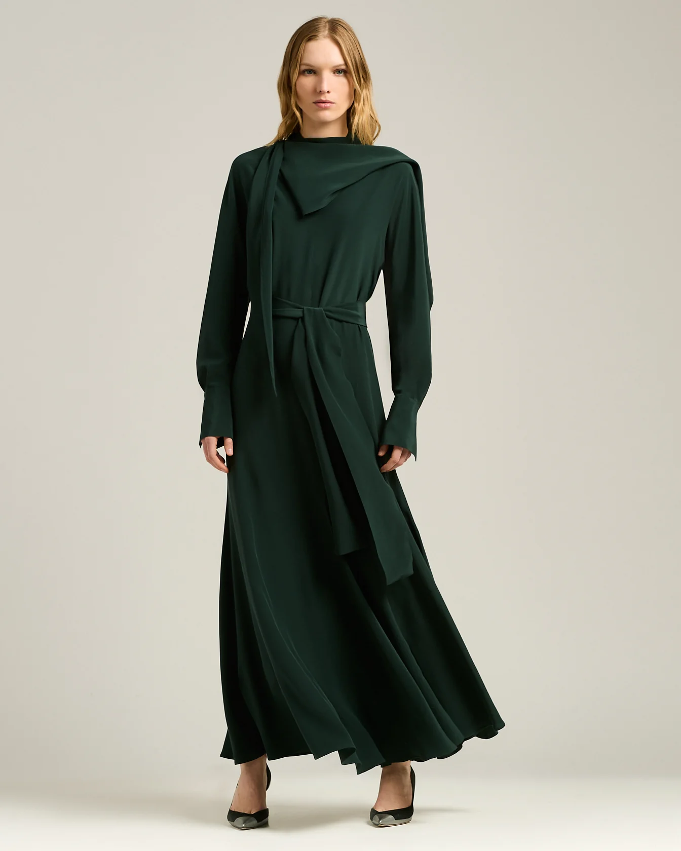 PINE GREEN LONG SILK DRESS WITH DRAPED NECKLINE - Image 5