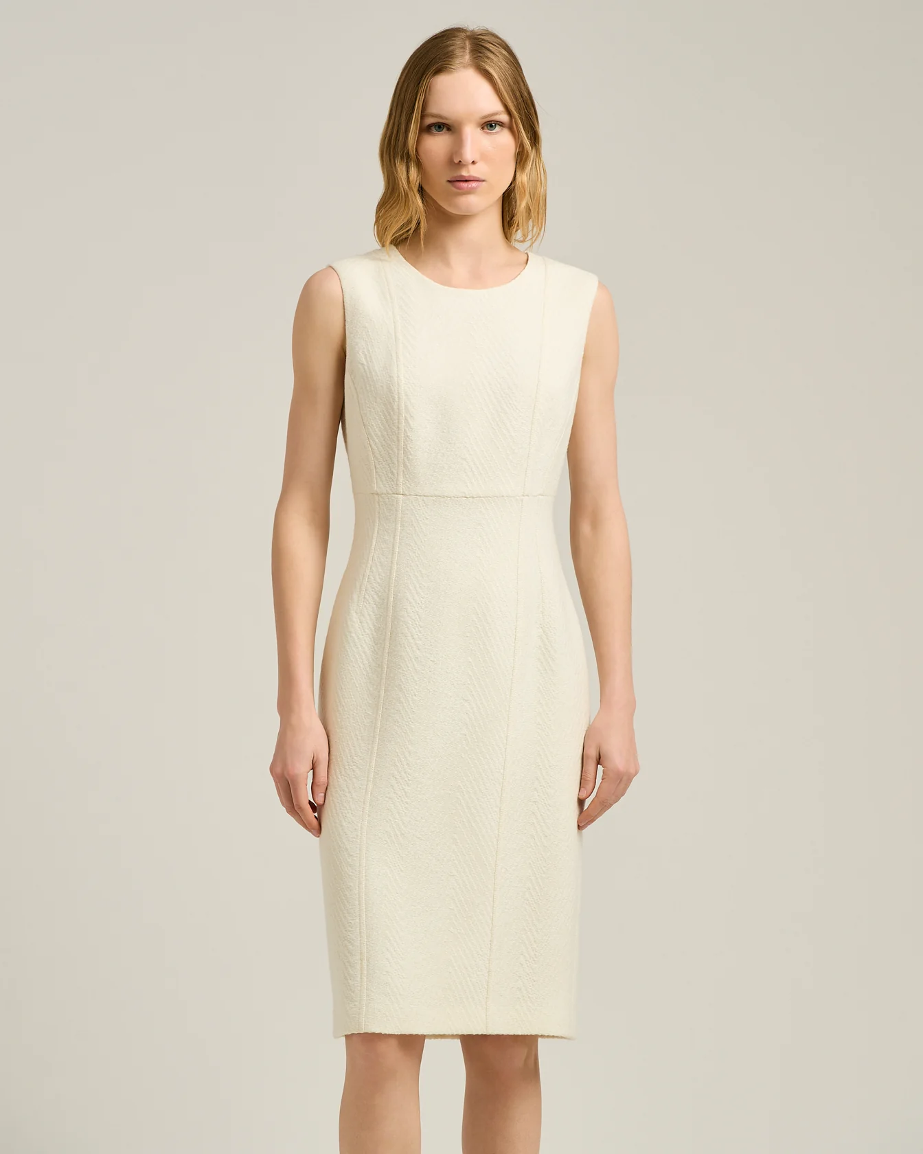 CREAM WHITE HERRINGBONE WOOL SHEATH DRESS - Image 2