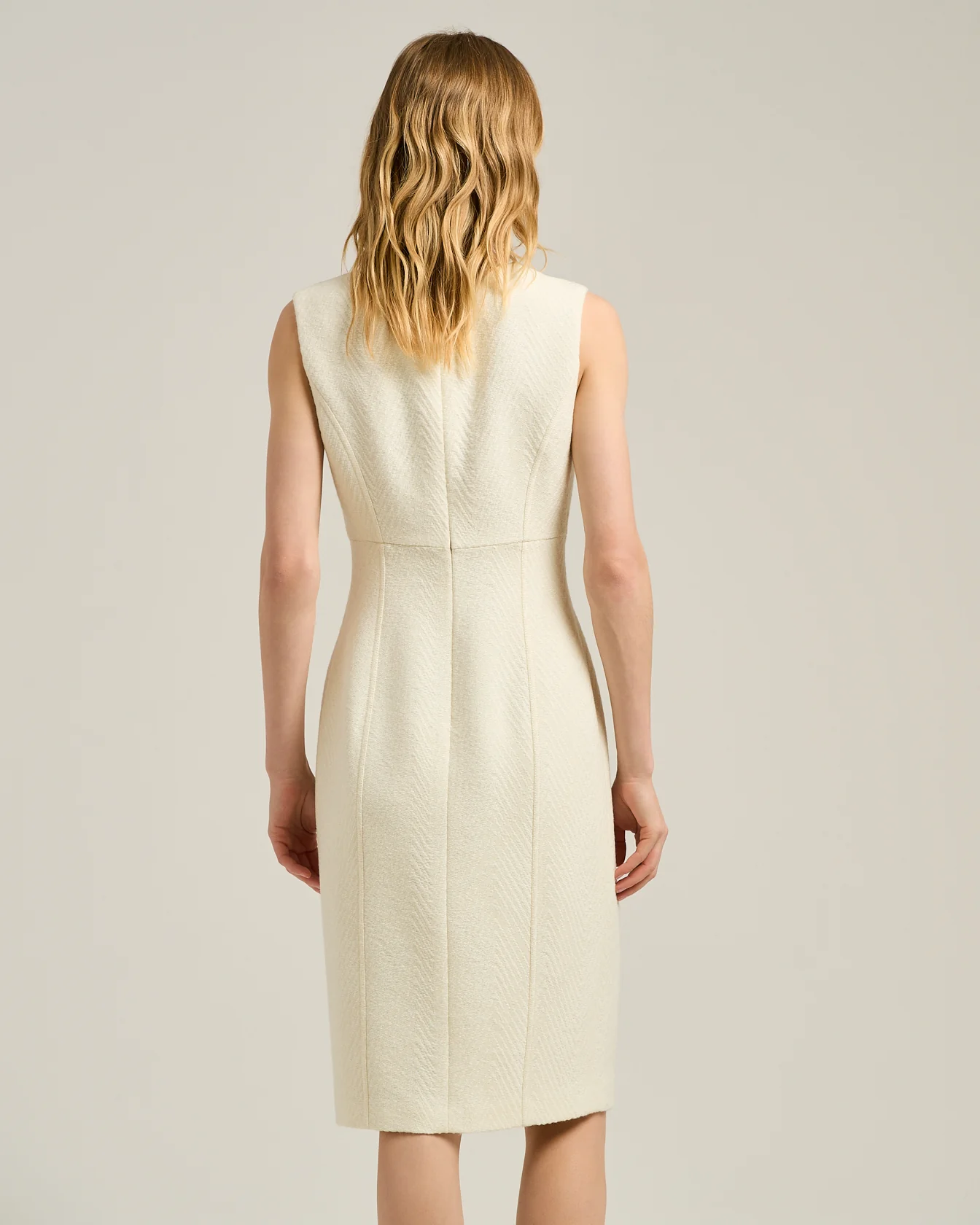 CREAM WHITE HERRINGBONE WOOL SHEATH DRESS - Image 3