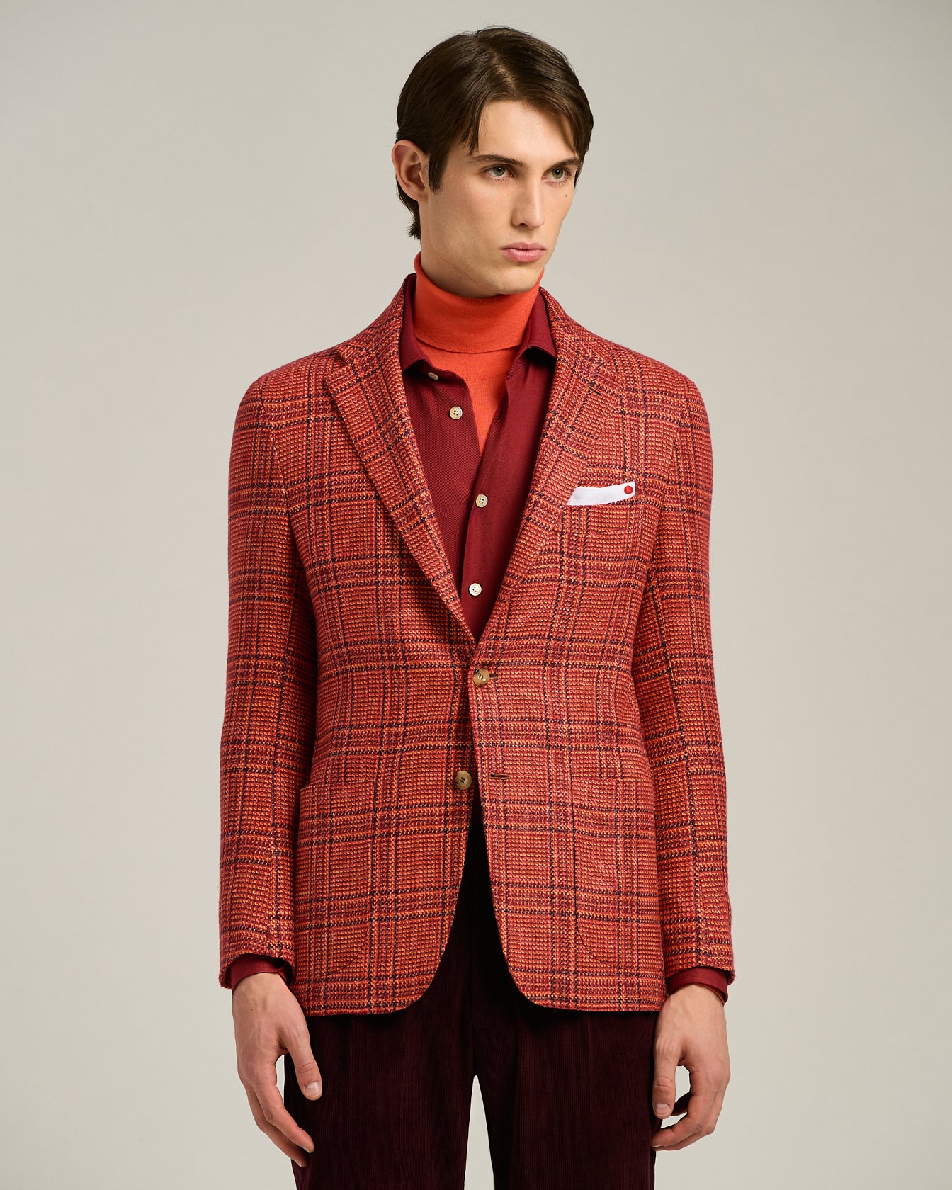 RED SINGLE-BREASTED GLEN PLAID CASHMERE JACKET - Image 2