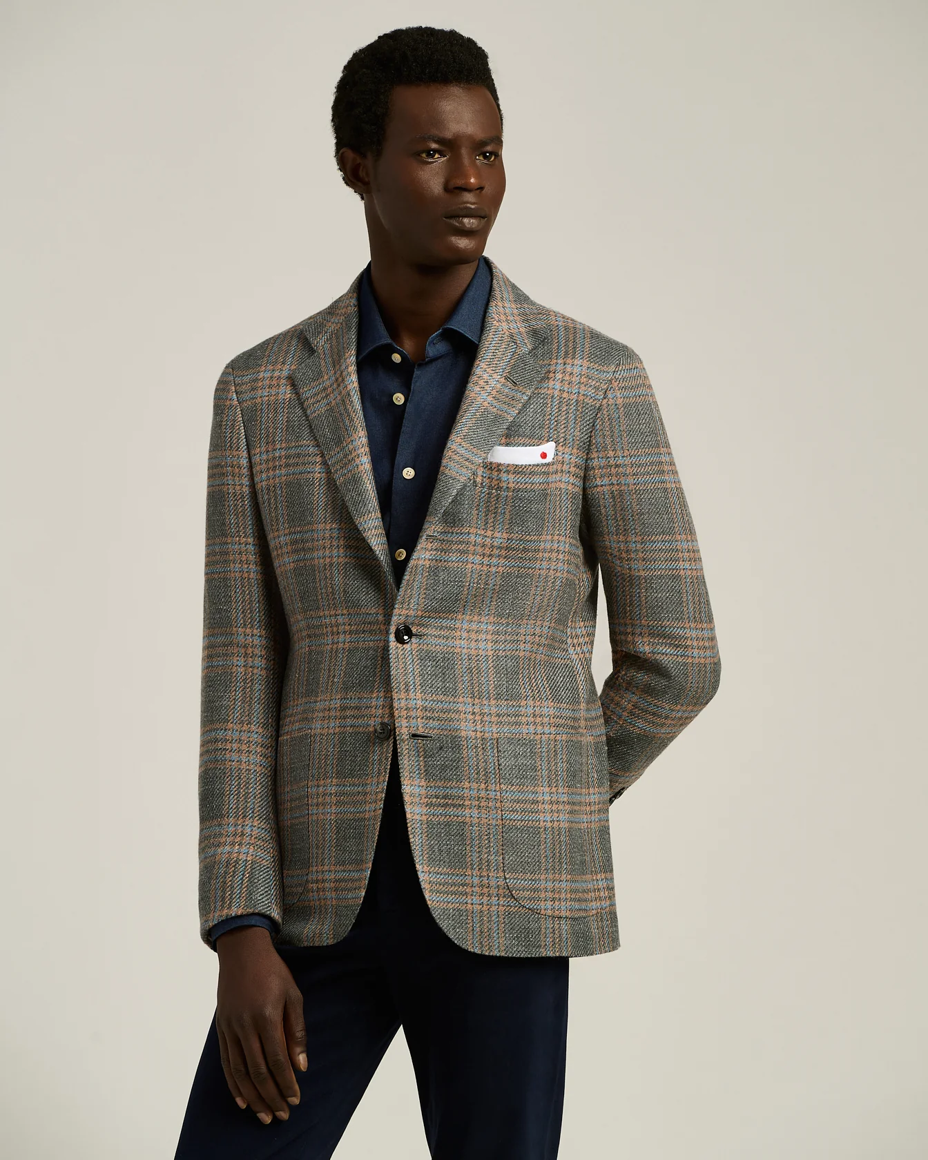 SINGLE-BREASTED MEDIUM GREY PRINCE OF WALES JACKET IN CASHMERE - Image 2