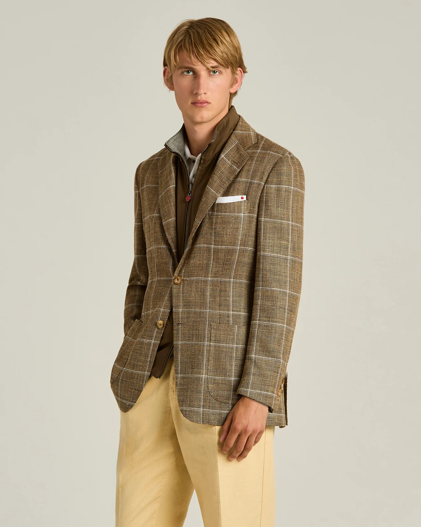 FINE BLEND CHECKED SINGLE-BREASTED JACKET IN BROWN - Image 2