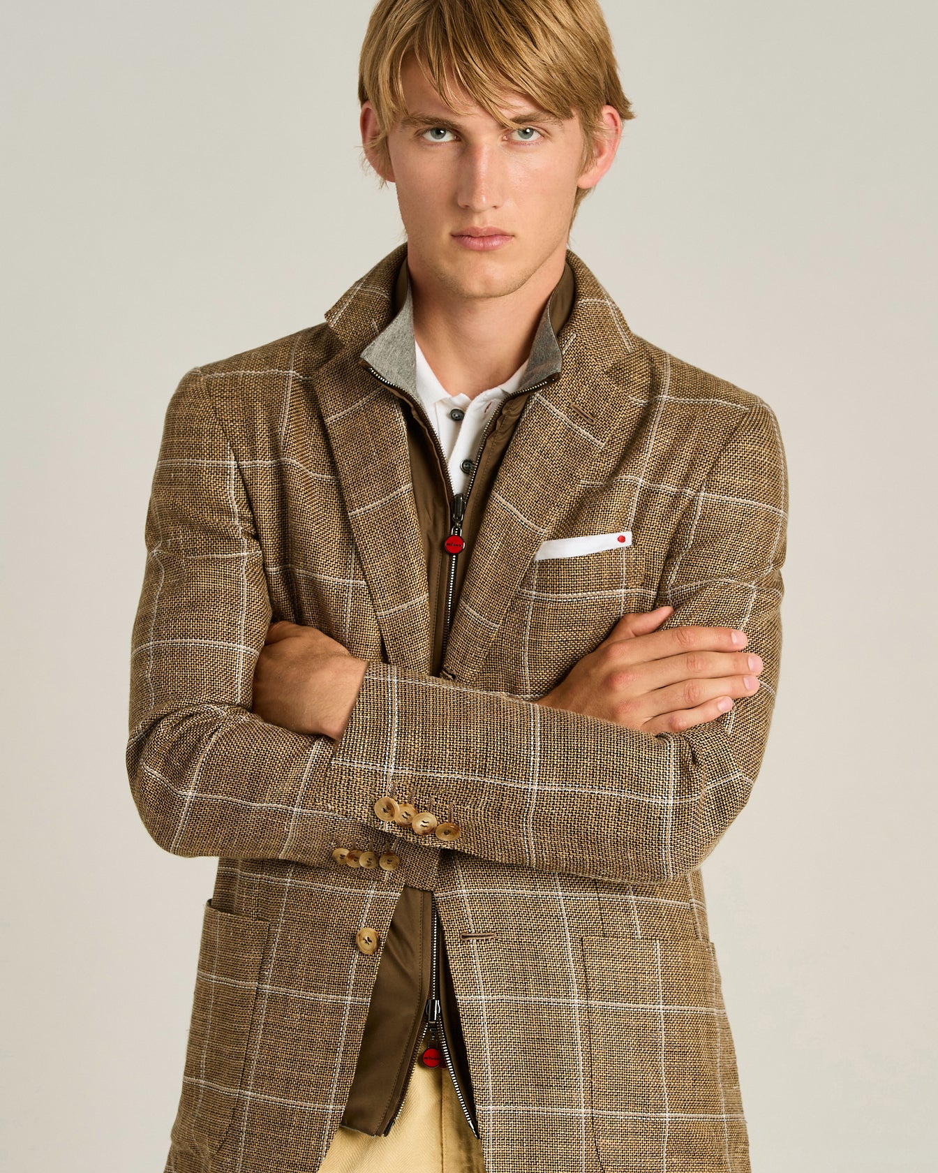 FINE BLEND CHECKED SINGLE-BREASTED JACKET IN BROWN - Image 4