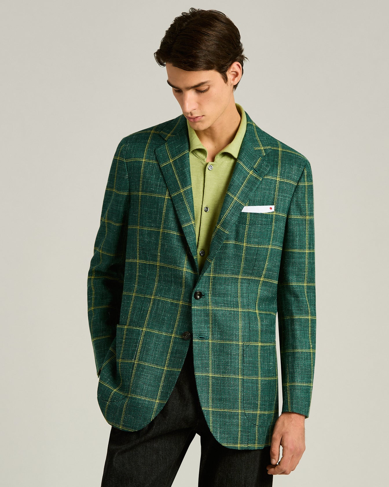 FINE BLEND CHECKED SINGLE-BREASTED JACKET IN GREEN - Image 2