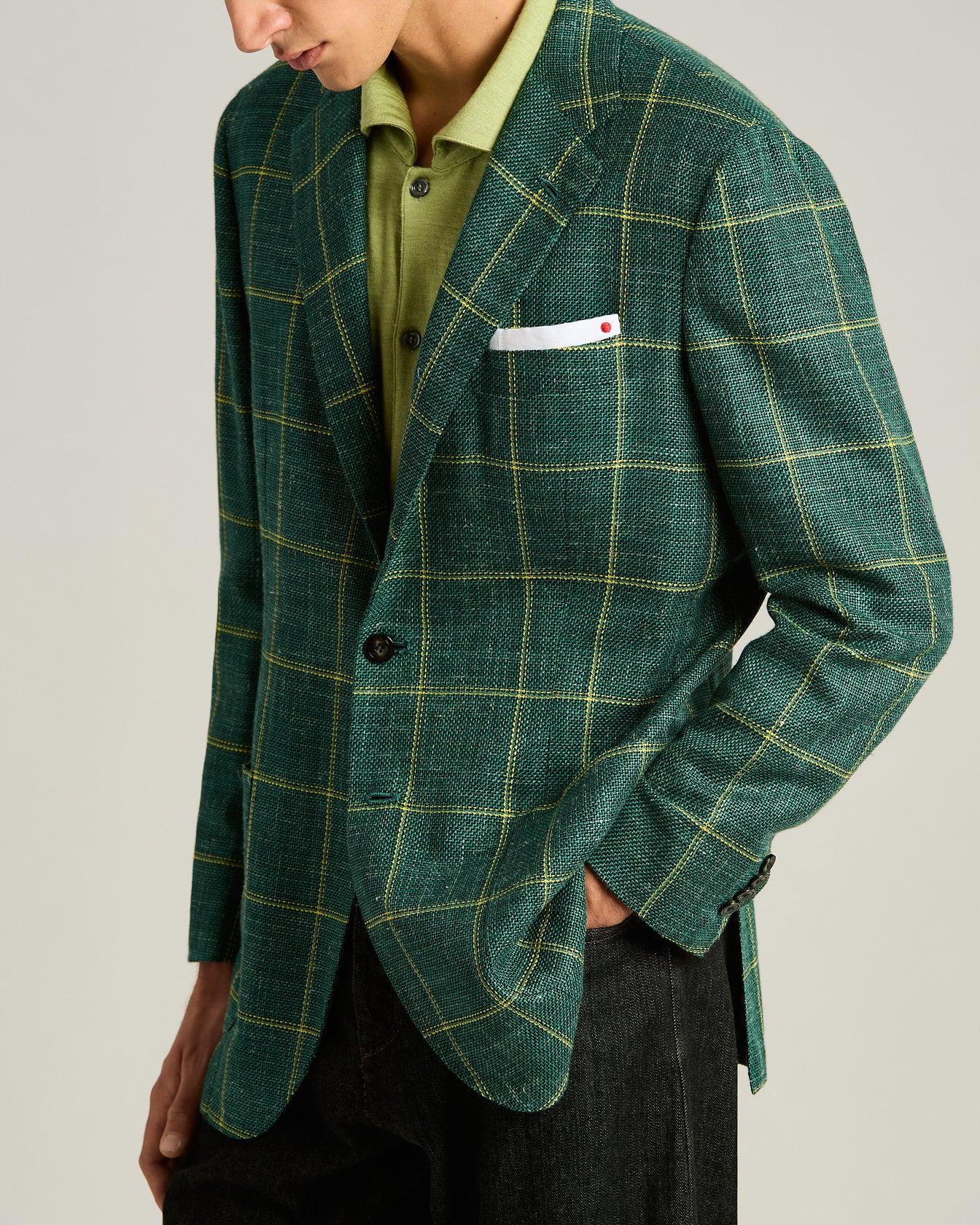 FINE BLEND CHECKED SINGLE-BREASTED JACKET IN GREEN - Image 4