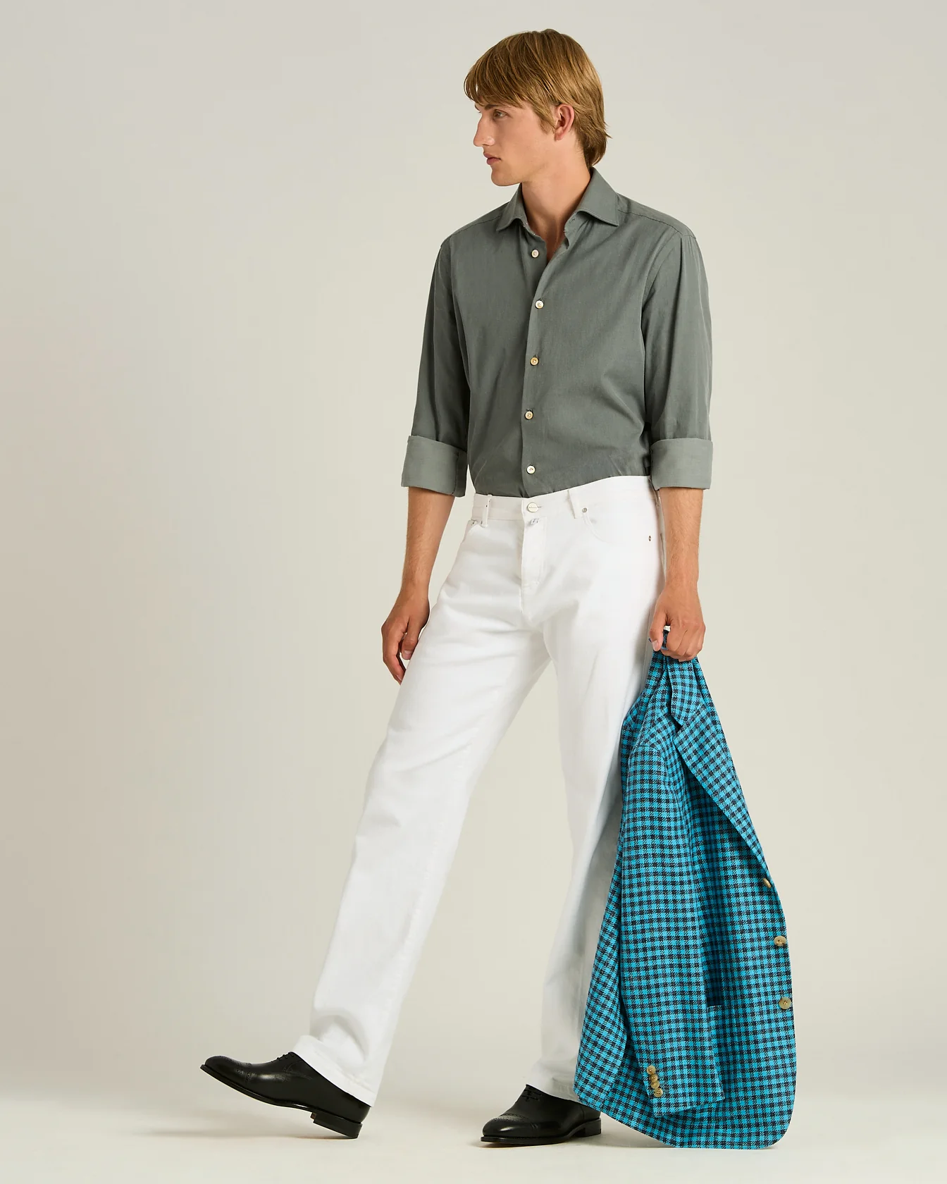 FINE BLEND CHECKED SINGLE-BREASTED JACKET IN AZURE - Image 5