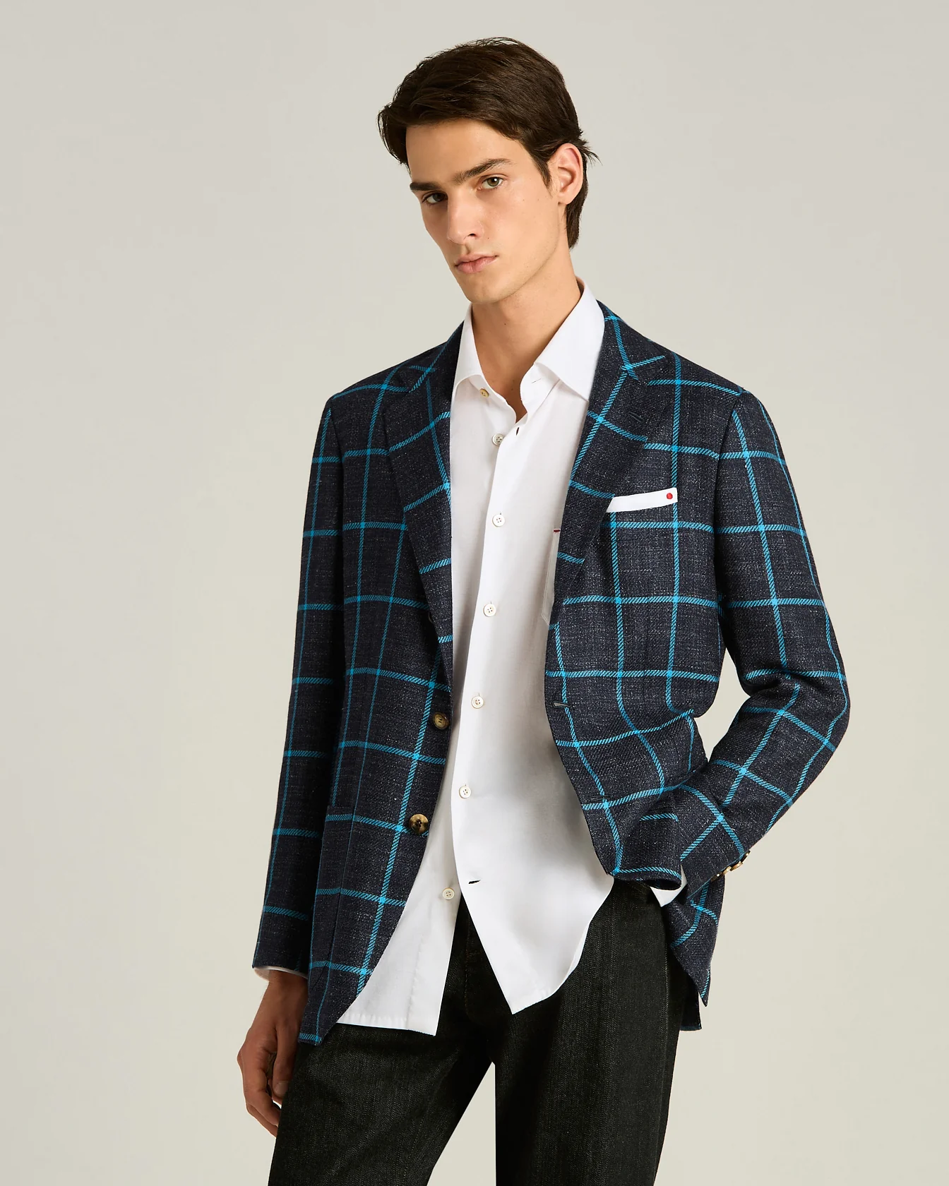 CASHMERE, WOOL, SILK AND LINEN BLEND SINGLE-BREASTED JACKET IN BLUE - Image 2
