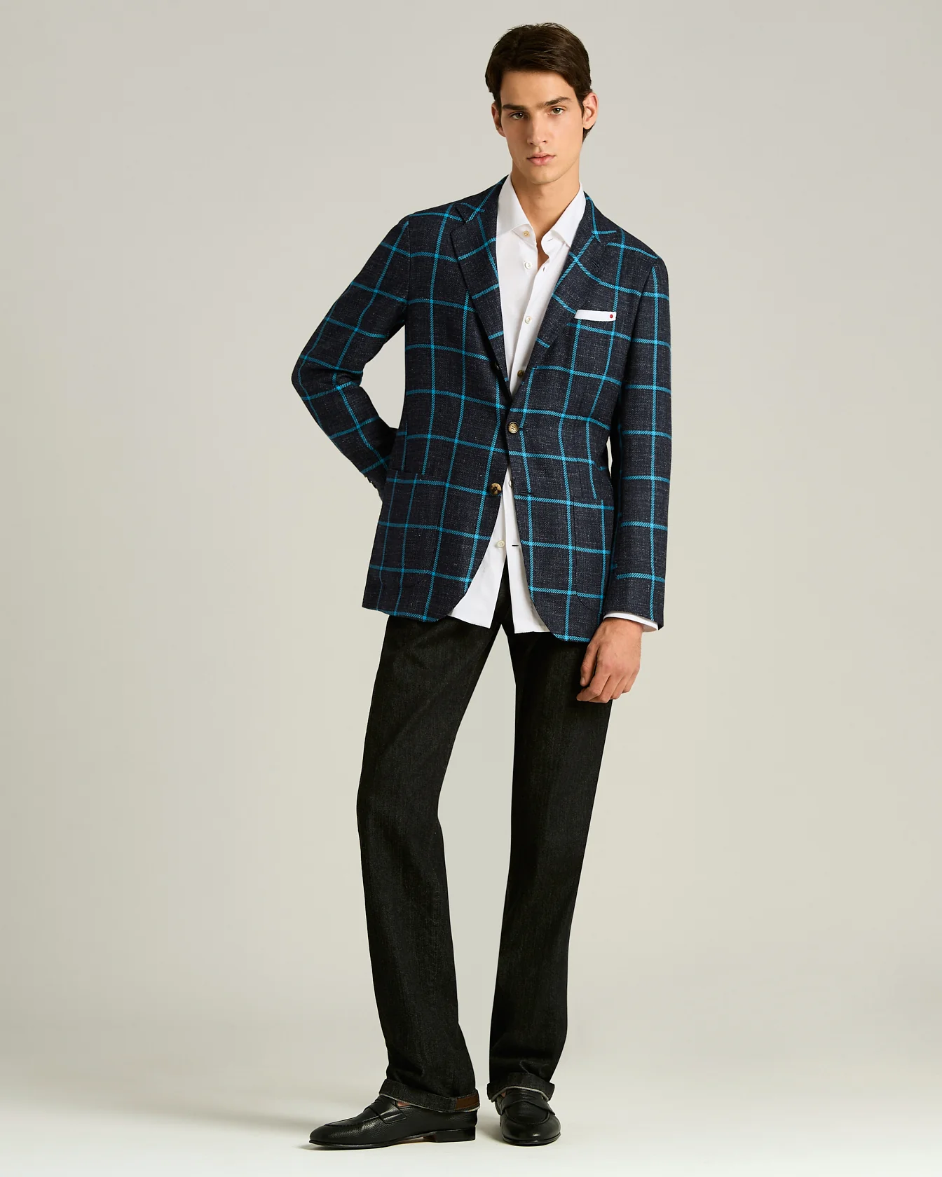 CASHMERE, WOOL, SILK AND LINEN BLEND SINGLE-BREASTED JACKET IN BLUE - Image 5