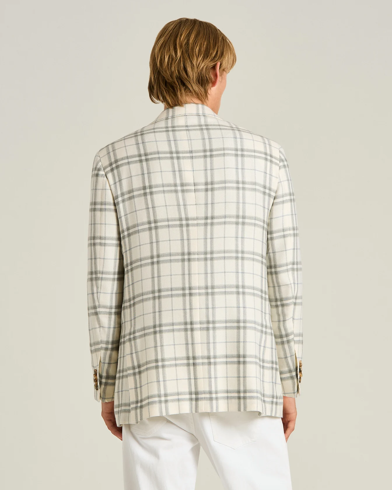 CASHMERE, SILK AND LINEN BLEND TAILORED CHECKED JACKET IN MEDIUM GREY - Image 3