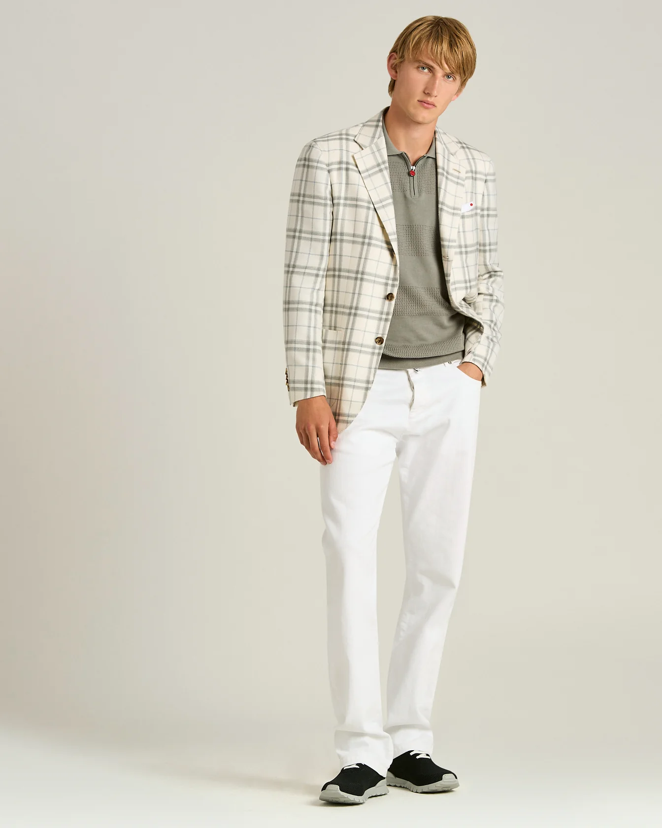 CASHMERE, SILK AND LINEN BLEND TAILORED CHECKED JACKET IN MEDIUM GREY - Image 5