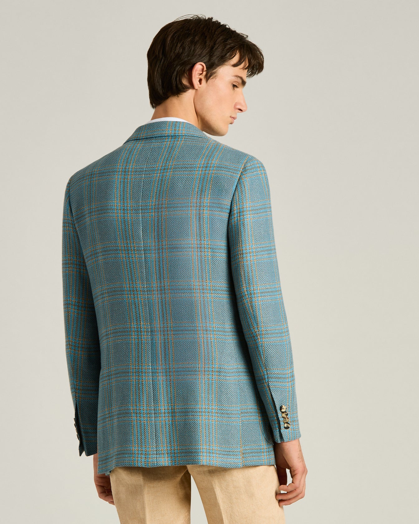 CASHMERE AND LINEN CHECKED SINGLE-BREASTED JACKET IN AZURE - Image 2