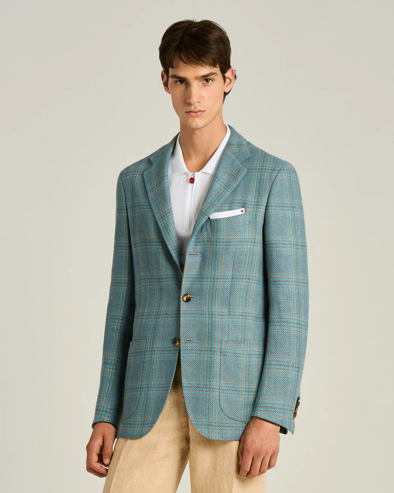 CASHMERE AND LINEN CHECKED SINGLE-BREASTED JACKET IN AZURE - Image 3