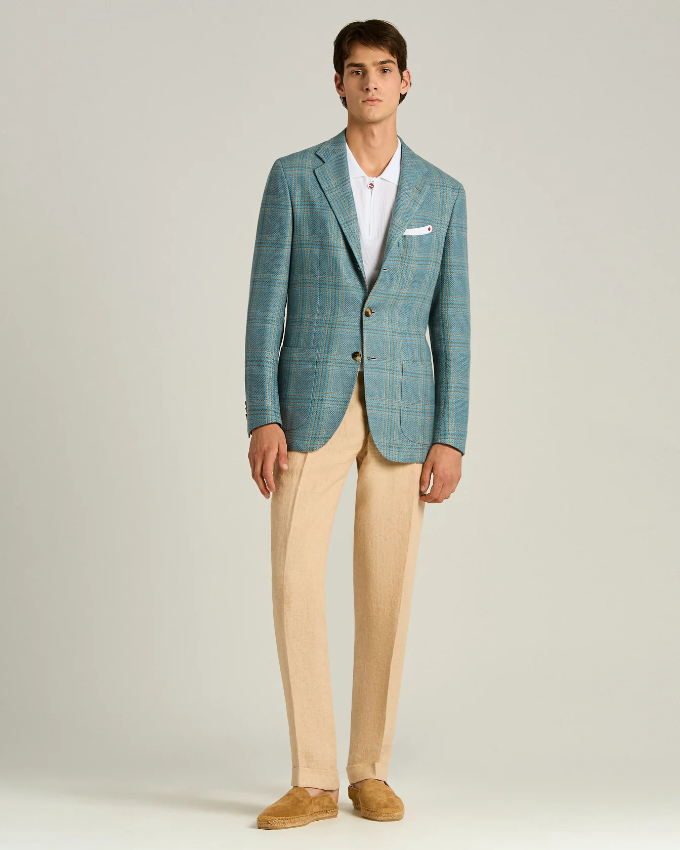 CASHMERE AND LINEN CHECKED SINGLE-BREASTED JACKET IN AZURE - Image 5