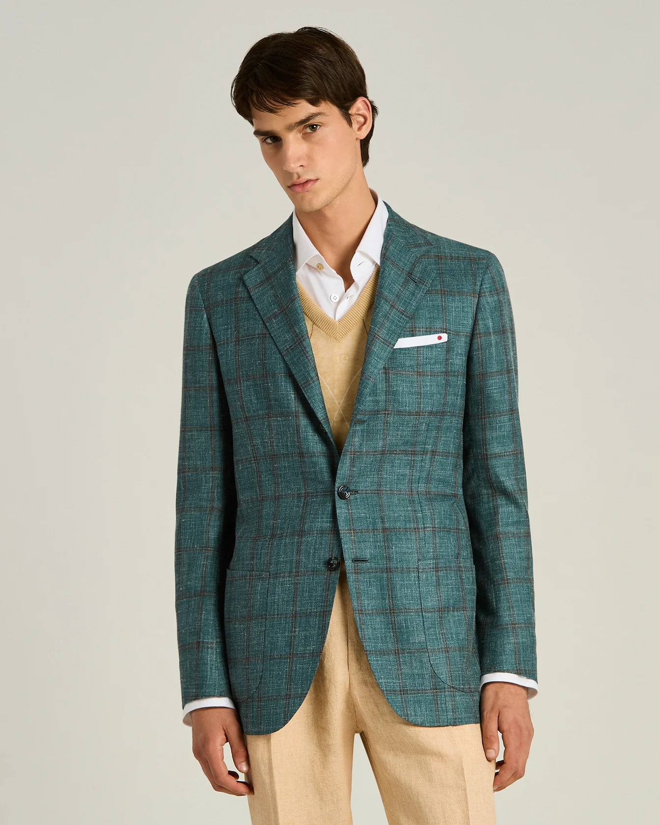 CASHMERE, SILK AND LINEN CHECKED SINGLE-BREASTED JACKET IN GREEN - Image 2