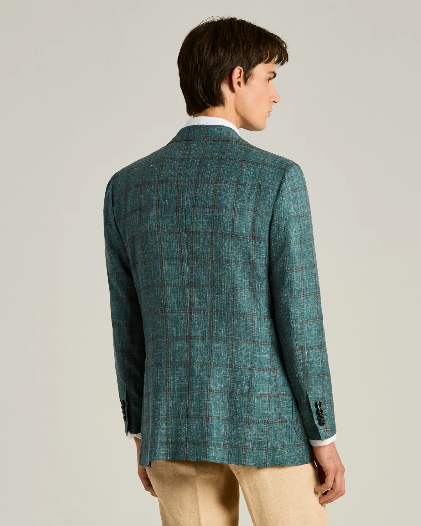 CASHMERE, SILK AND LINEN CHECKED SINGLE-BREASTED JACKET IN GREEN - Image 3