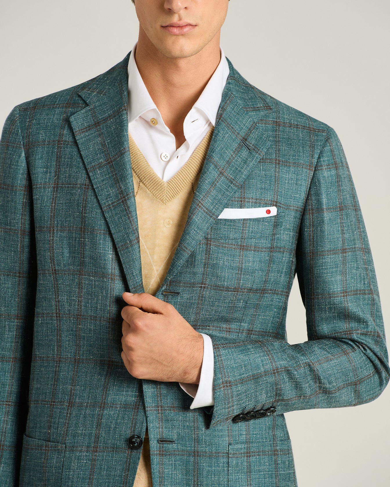 CASHMERE, SILK AND LINEN CHECKED SINGLE-BREASTED JACKET IN GREEN - Image 4