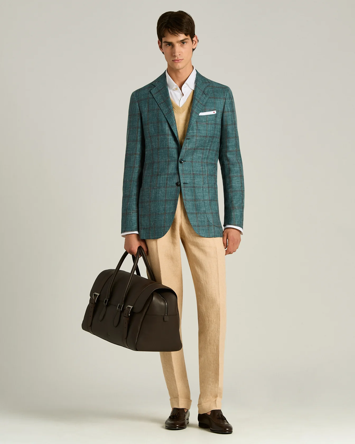 CASHMERE, SILK AND LINEN CHECKED SINGLE-BREASTED JACKET IN GREEN - Image 5