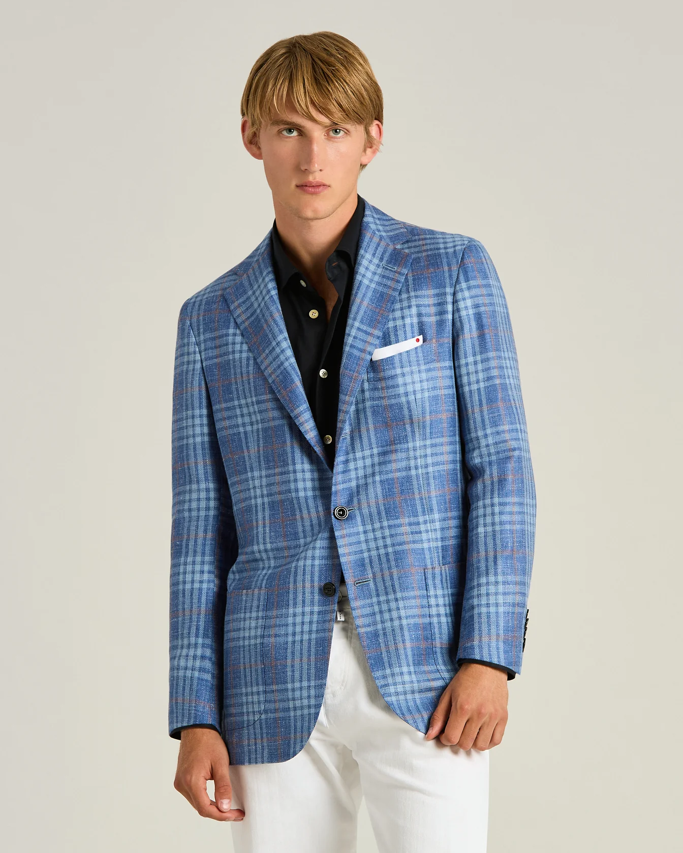 CASHMERE, SILK AND LINEN CHECKED SINGLE-BREASTED JACKET IN BLUE - Image 2