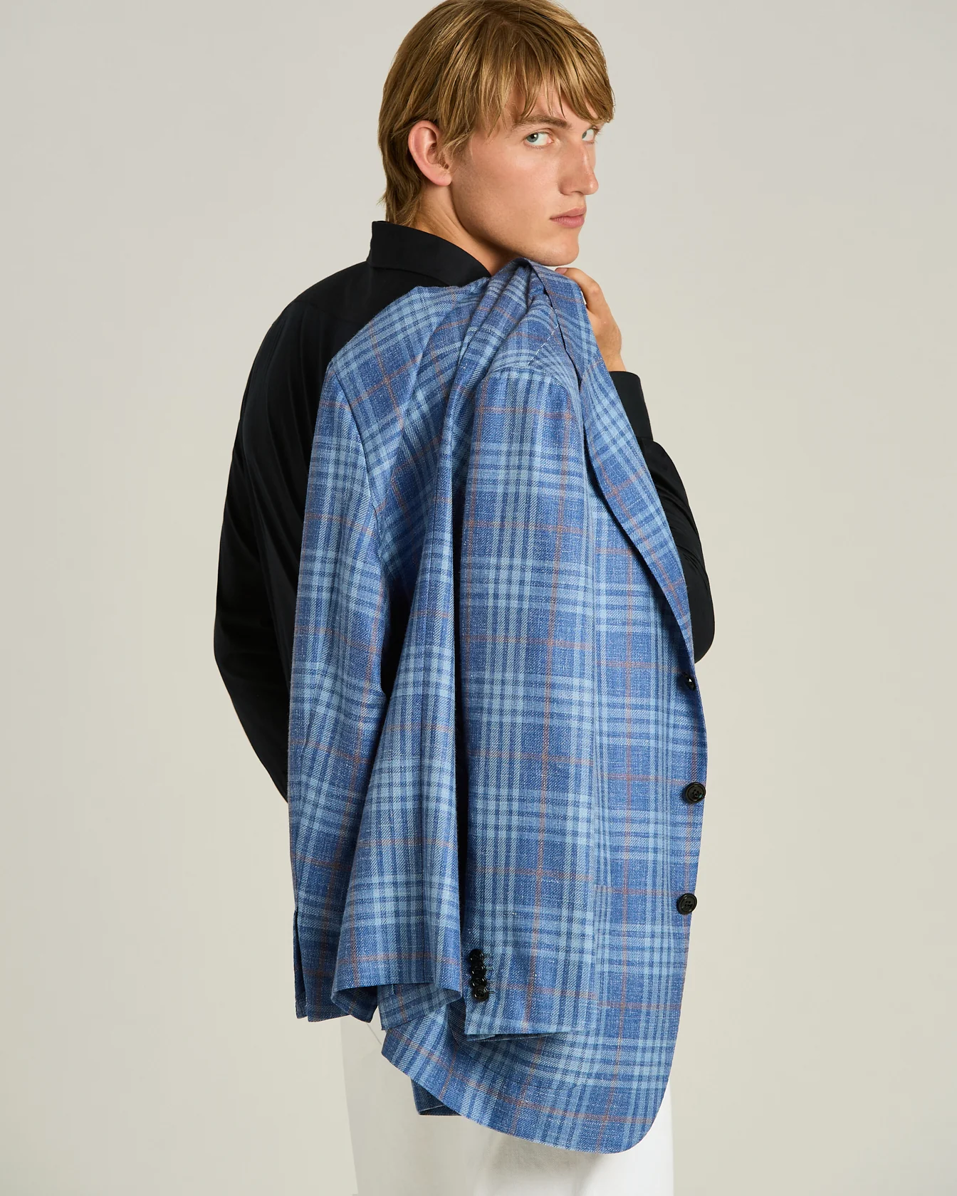 CASHMERE, SILK AND LINEN CHECKED SINGLE-BREASTED JACKET IN BLUE - Image 4