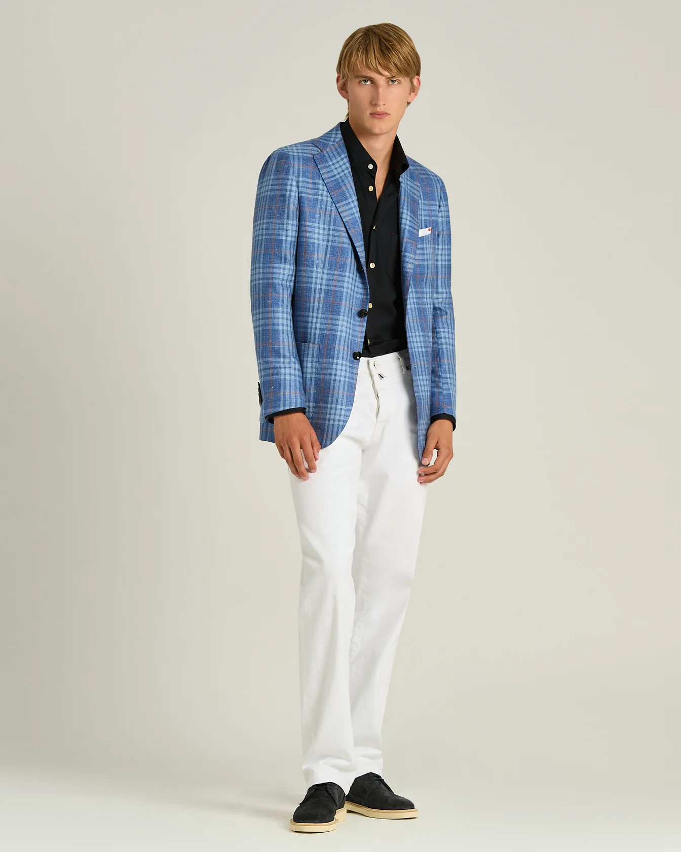 CASHMERE, SILK AND LINEN CHECKED SINGLE-BREASTED JACKET IN BLUE - Image 5