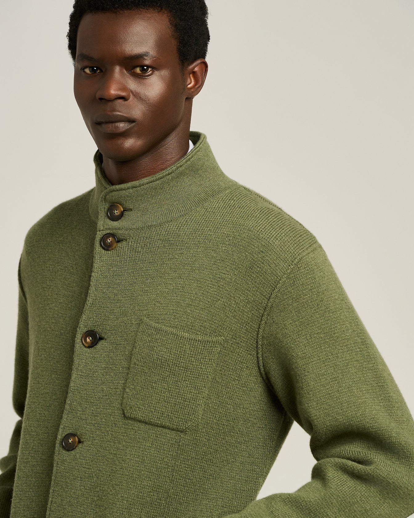CASUAL JACKET IN PURE GREEN CASHMERE WITH MANDARIN COLLAR - Image 4