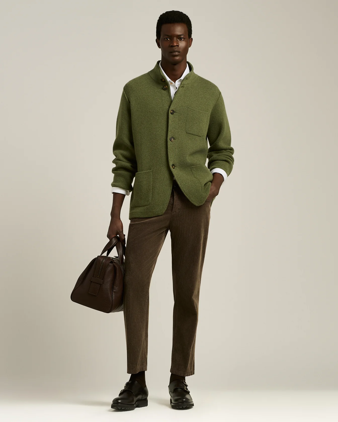 CASUAL JACKET IN PURE GREEN CASHMERE WITH MANDARIN COLLAR - Image 5