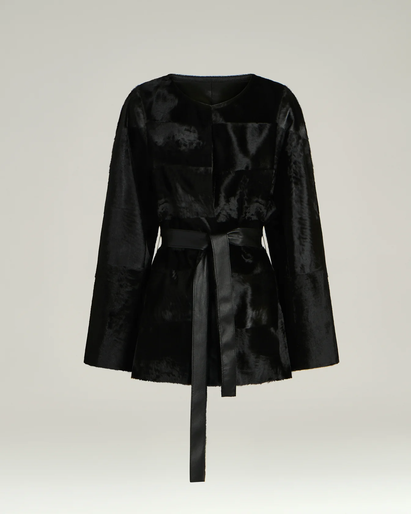 BLACK LAMB FUR JACKET WITH LEATHER BELT