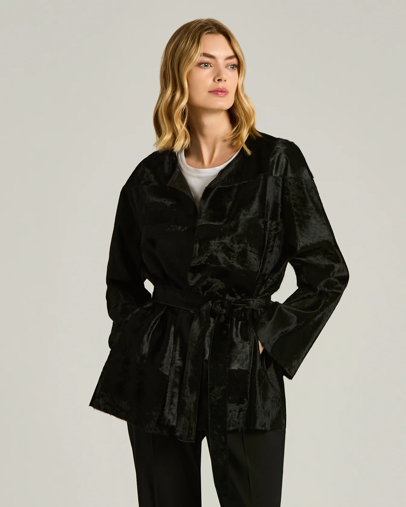 BLACK LAMB FUR JACKET WITH LEATHER BELT - Image 2