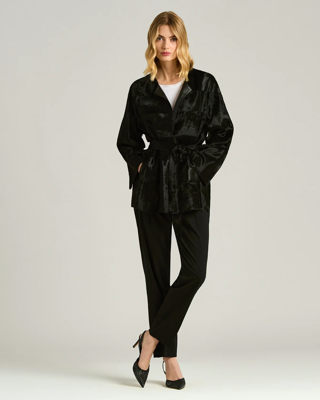 BLACK LAMB FUR JACKET WITH LEATHER BELT - Image 5