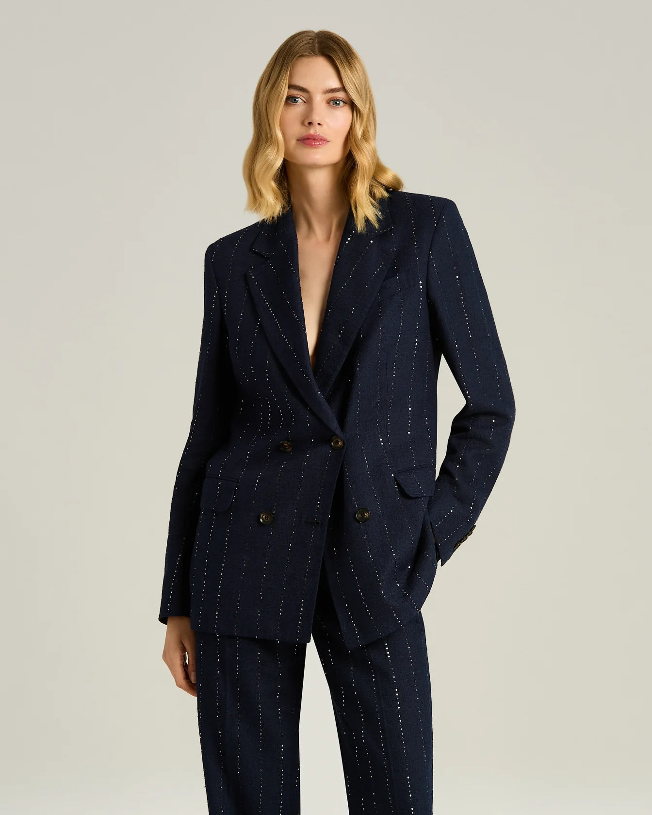 LINEN, WOOL AND SILK DOUBLE-BREASTED JACKET IN BLUE - Image 2