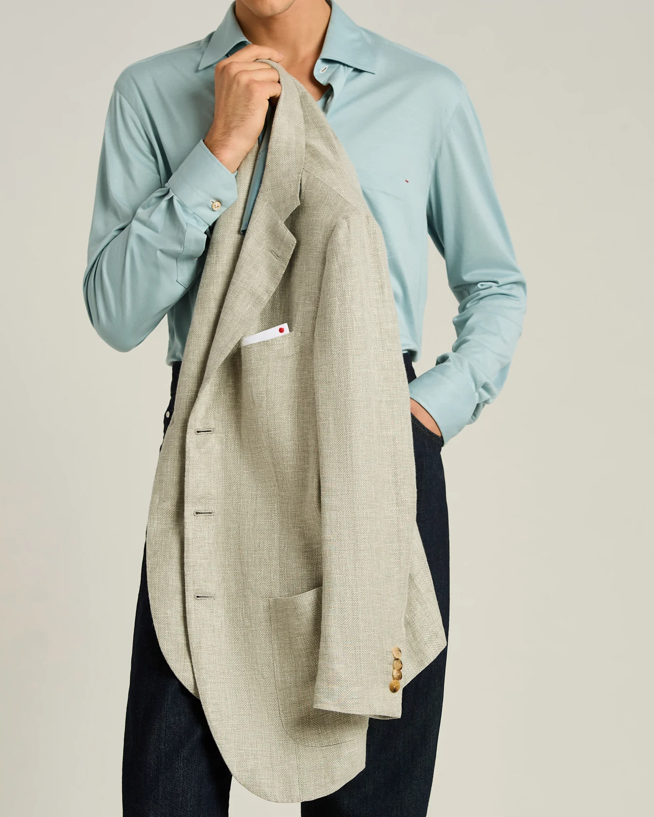 LINEN, CASHMERE AND SILK BLEND SINGLE-BREASTED JACKET IN GREEN - Image 4