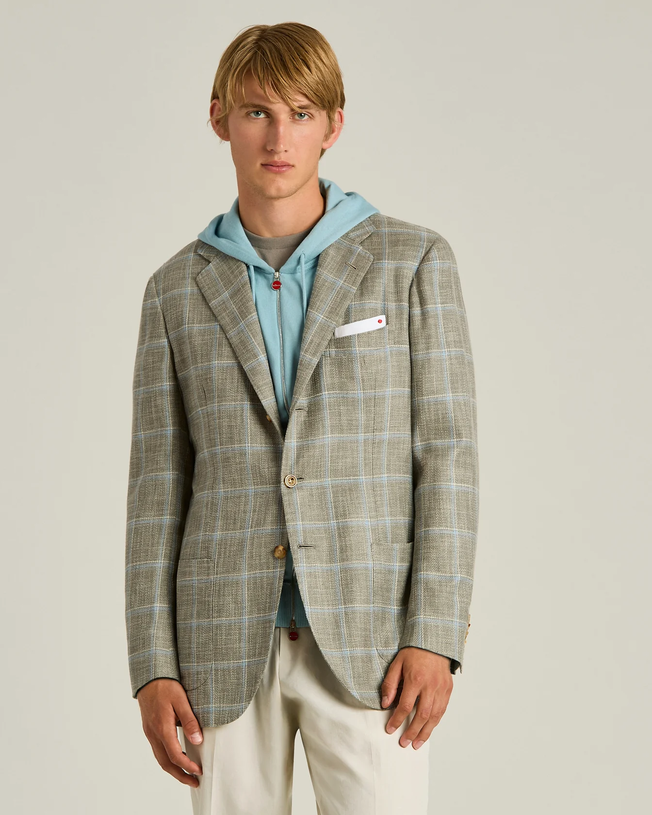 SILK, COTTON AND WOOL CHECKED SINGLE-BREASTED JACKET IN BEIGE - Image 2