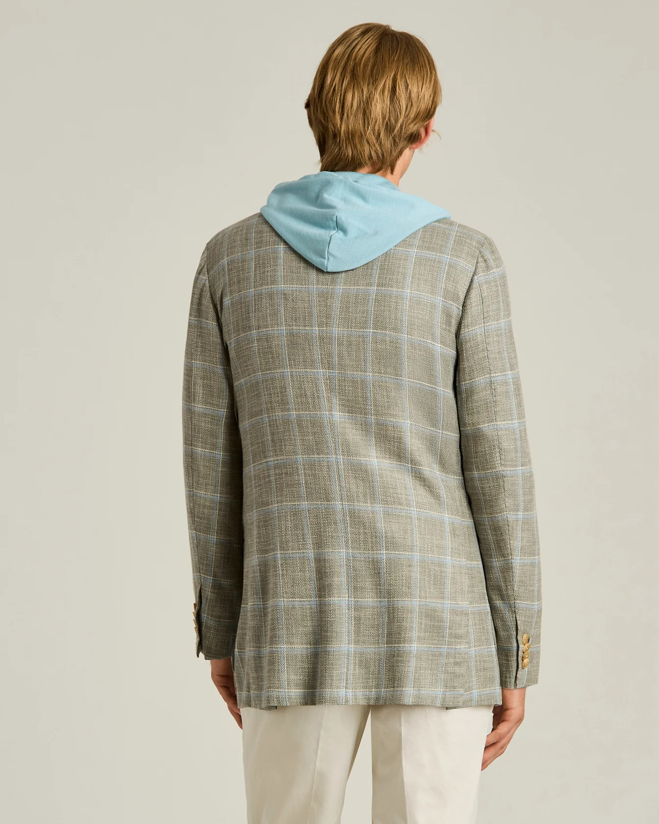 SILK, COTTON AND WOOL CHECKED SINGLE-BREASTED JACKET IN BEIGE - Image 3